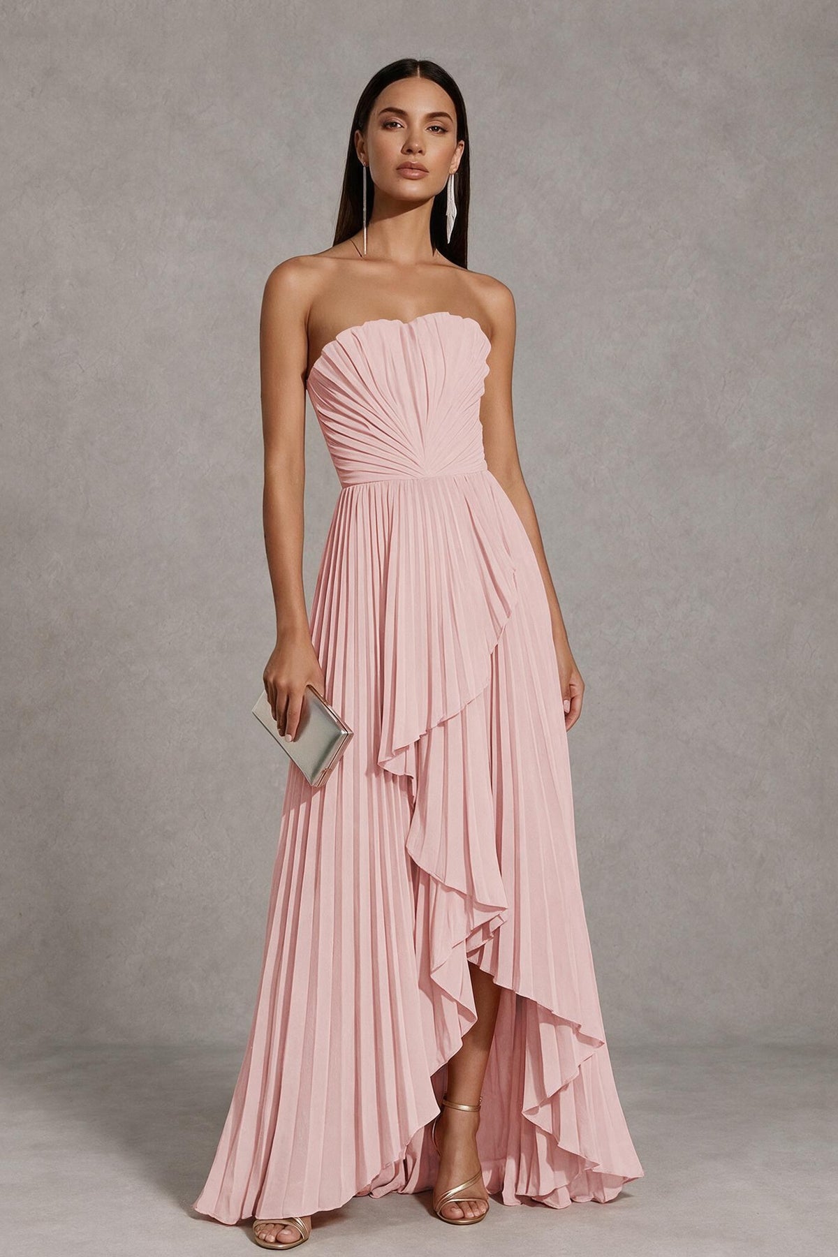 Blush Pink Strapless Pleated High-Low Evening Gown with Ruffle Hem - Blush Pink