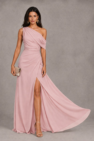 Blush Pink One-Shoulder Floor-Length Evening Gown with High Slit - Blush Pink