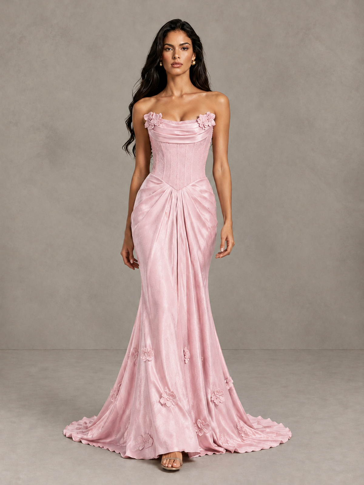 BOLODOO Blush Pink Strapless Floral Corset Evening Gown with Train - Blush Pink - Blush Pink_1