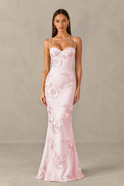 BOLODOO Blush Pink Floral Lace-Up Back Mermaid Maxi Dress - Blush Pink