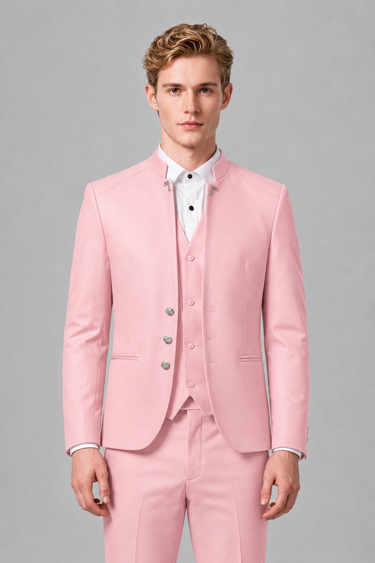 Bolodoo Men's Blush Pink Mandarin Collar 3-Piece Suit – Jacket, Vest & Trousers - Blush Pink - Blush Pink_1