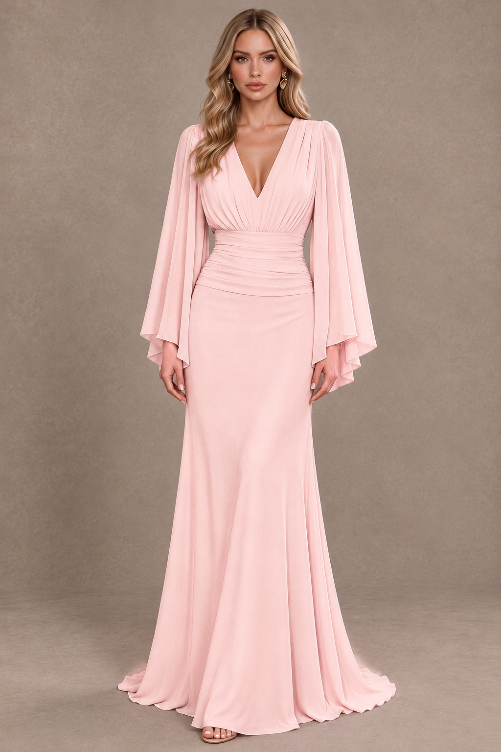 BOLODOO Blush Pink Cape Sleeve V-Neck Ruched Chiffon Evening Dress - Blush Pink - Blush_Pink_1