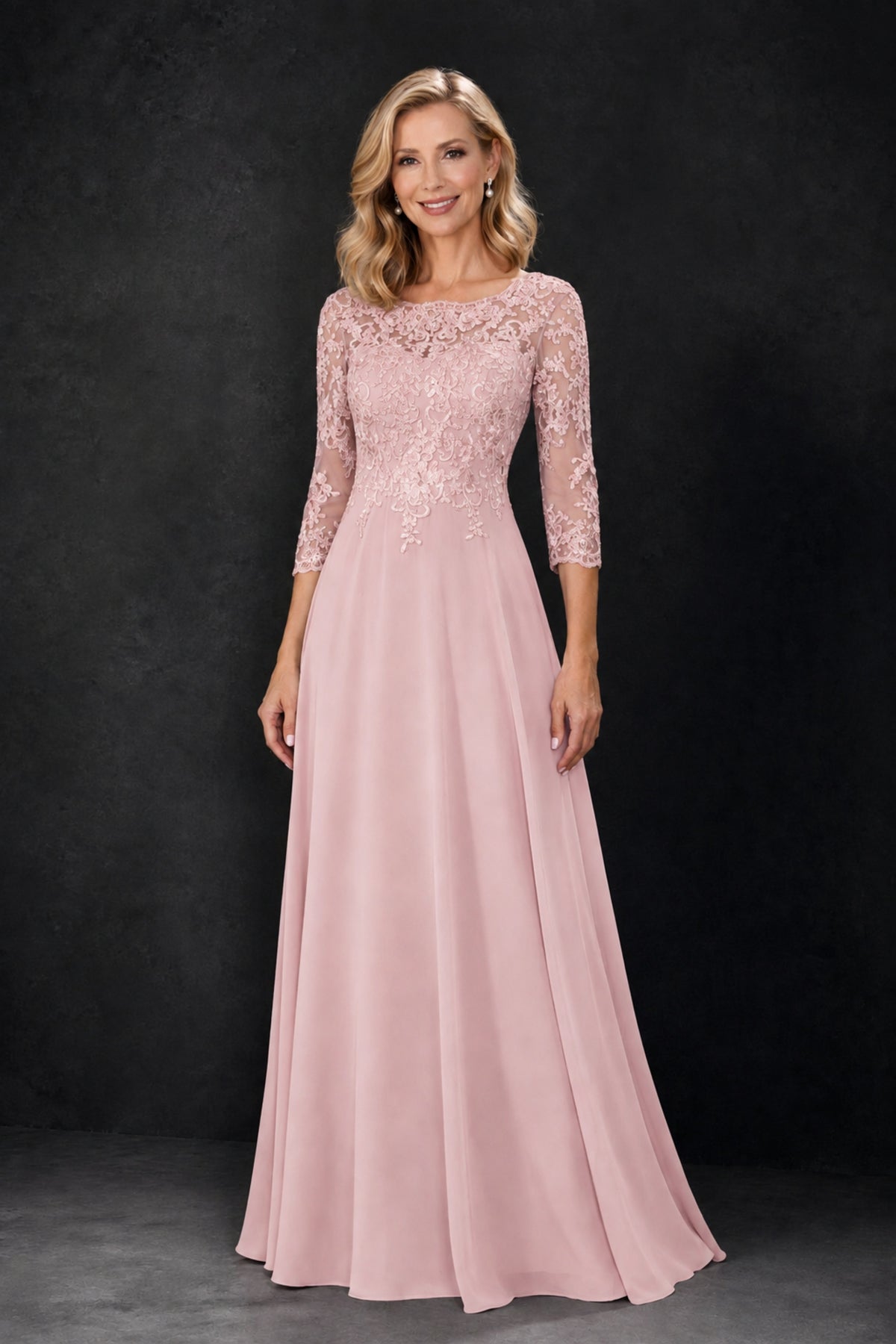 BOLODOO Blush Pink Lace Embroidered Mother of the Bride Dress with 3/4 Sleeves - Blush Pink
