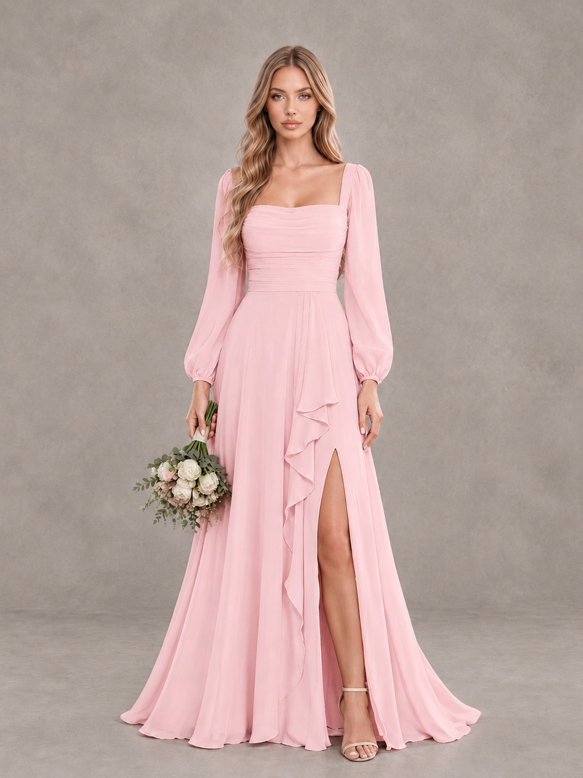 BOLODOO Blush Pink Square Neck Long Sleeve Bridesmaid Dress with Ruffle Slit - Blush Pink - Blush Pink_1