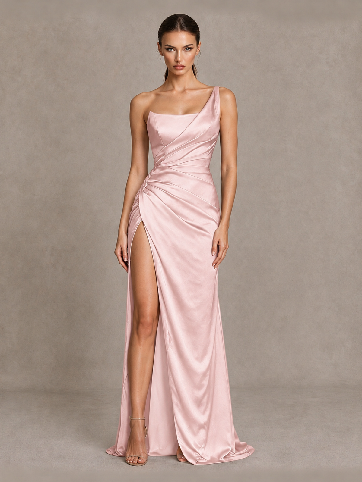 BOLODOO Blush Pink One Shoulder Satin Evening Gown with High Slit and Sweep Train - Blush Pink - Blush Pink_1