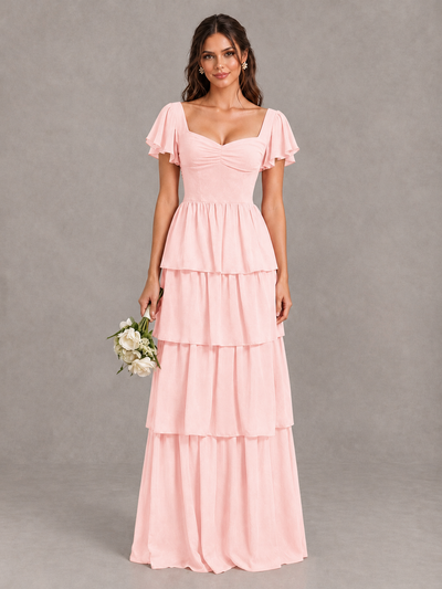 BOLODOO Blush Pink Flutter Sleeve Tiered Maxi Bridesmaid Dress - Blush Pink - Blush Pink_1