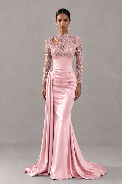 BOLODOO Blush Pink Long Sleeve Embellished Satin Mermaid Evening Gown - Blush Pink - Blush Pink_1