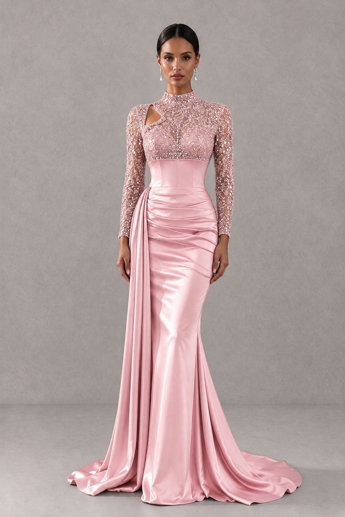 BOLODOO Blush Pink Long Sleeve Embellished Satin Mermaid Evening Gown - Blush Pink - Blush Pink_1