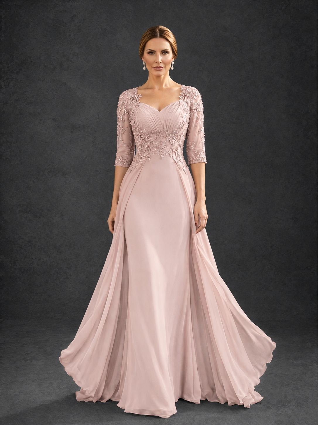 BOLODOO Blush Pink Sweetheart Neck 3/4 Sleeve Floral Lace Illusion Bodice Chiffon A-Line Gown - Blush Pink
