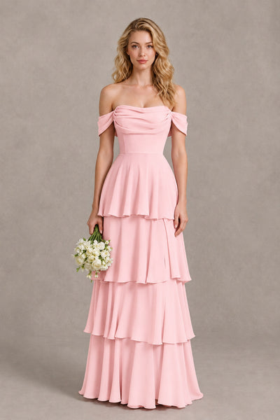 BOLODOO Blush Pink Off-the-Shoulder Tiered A-Line Evening Bridesmaid Dress - Blush Pink - Blush Pink_1