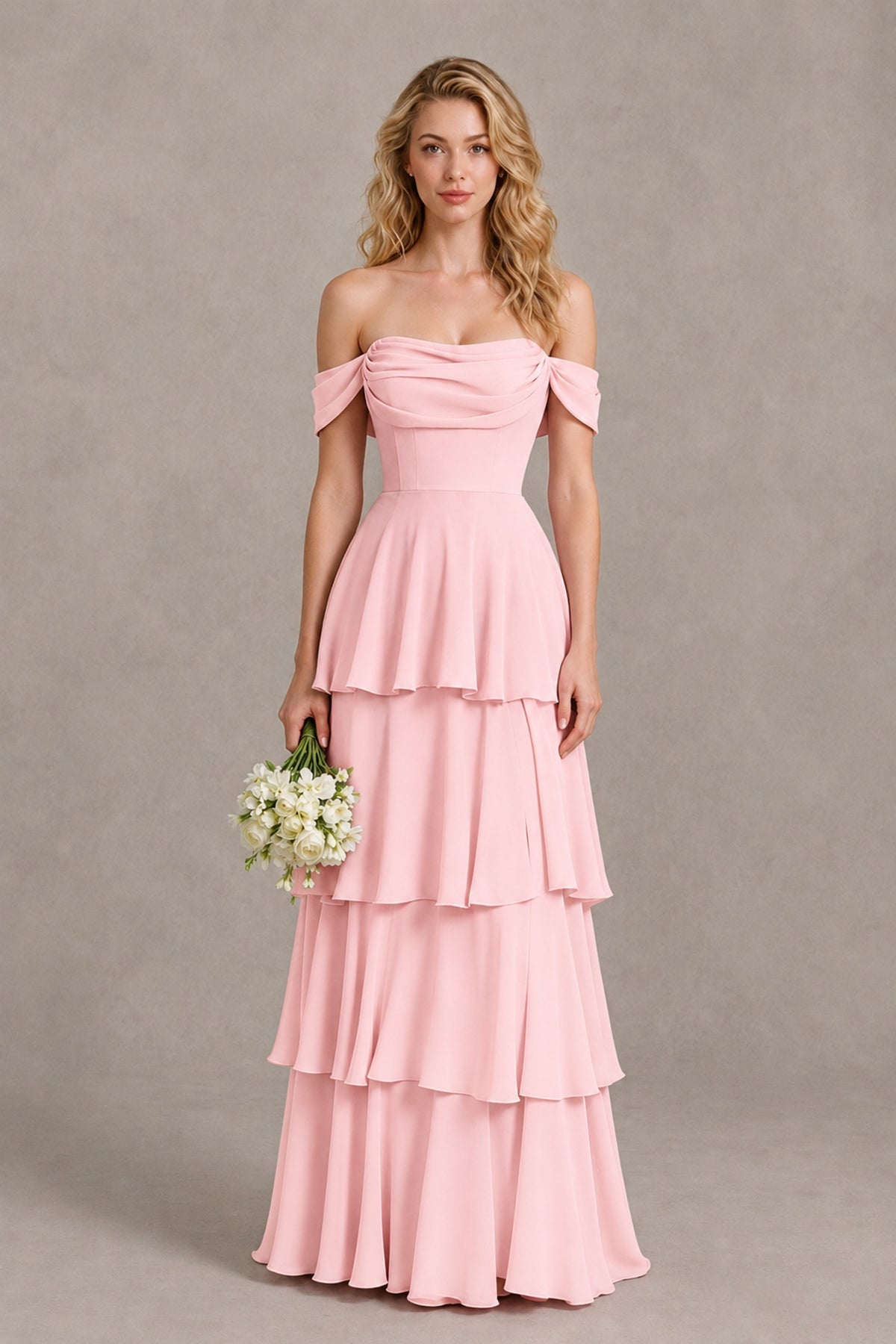 BOLODOO Blush Pink Off-the-Shoulder Tiered A-Line Evening Bridesmaid Dress - Blush Pink - Blush Pink_1