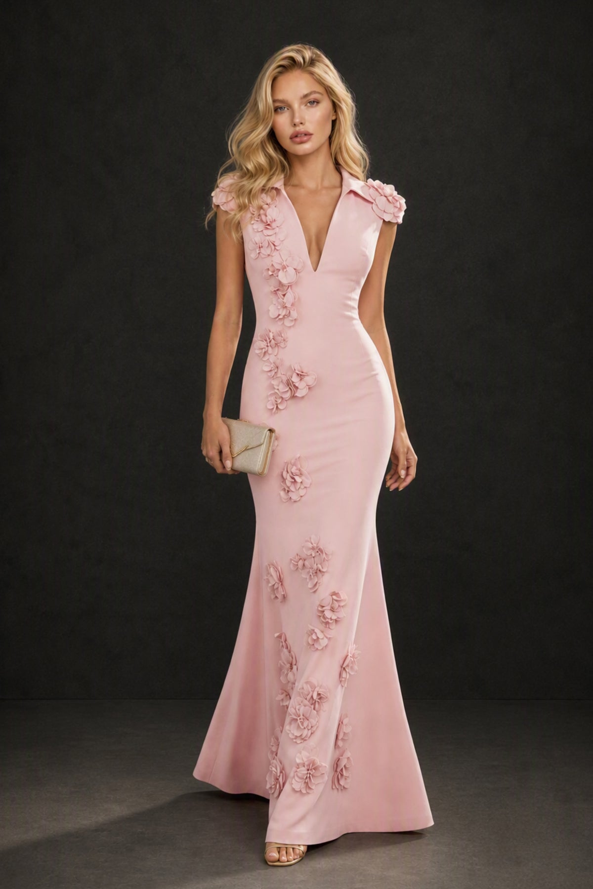 BOLODOO Blush Pink 3D Floral Appliqué Deep V-Neck Cap Sleeve Mermaid Gown - Blush Pink