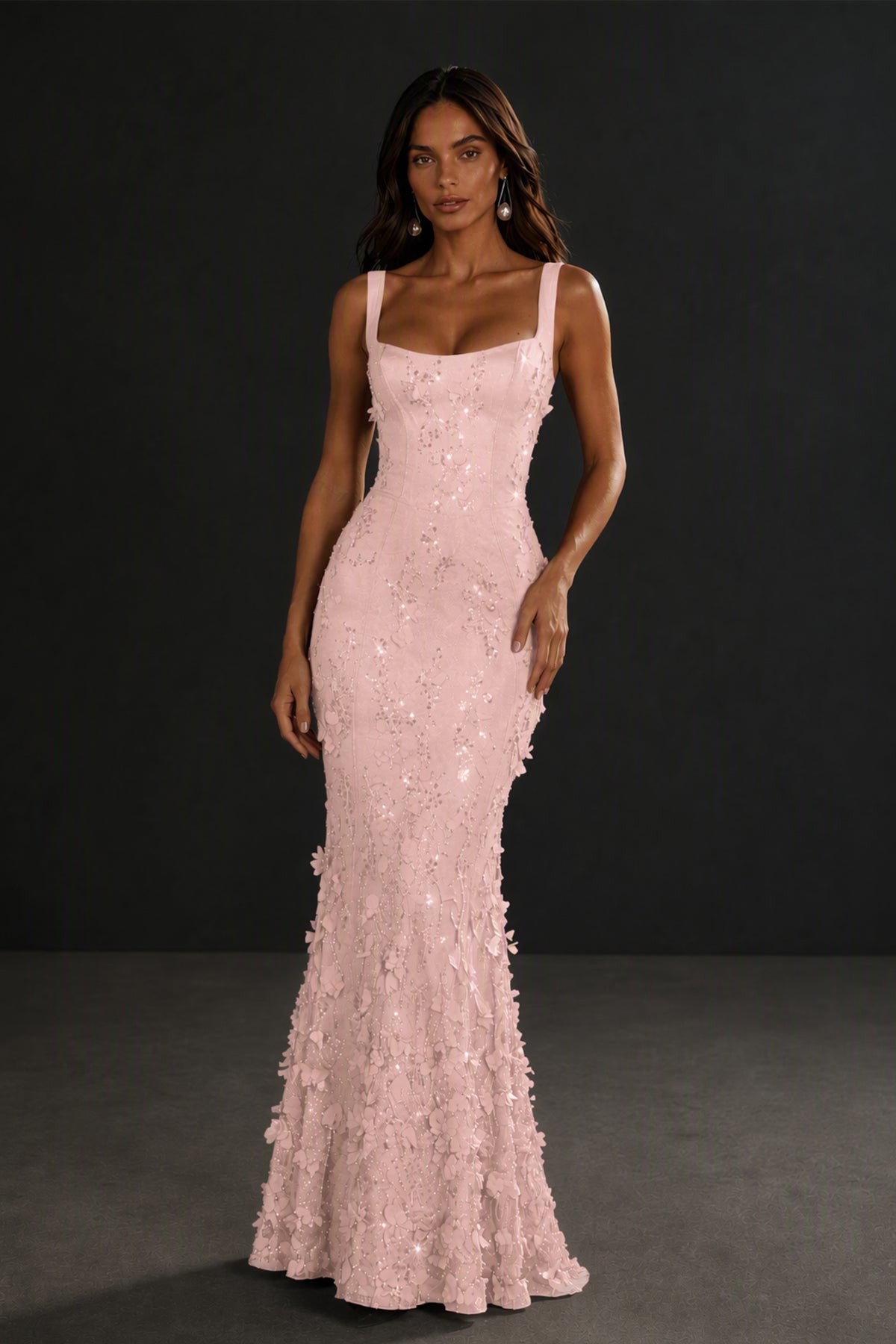 BOLODOO Blush Pink Sequin 3D Floral Mermaid Maxi Gown – Lace-Up Back Formal Dress - Blush Pink