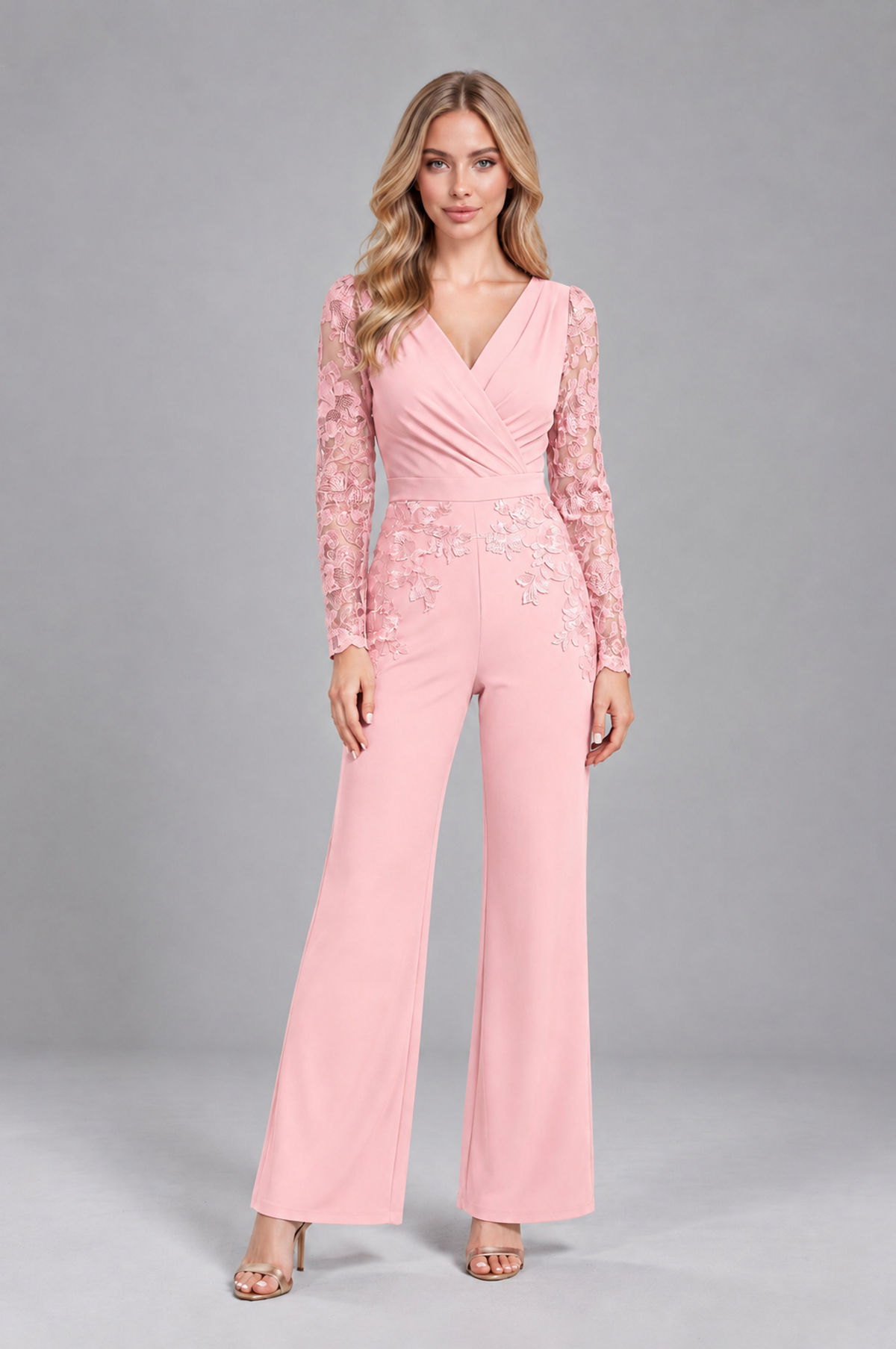 BOLODOO Blush Pink Lace Long-Sleeve V-Neck Mother Pant Suit - Blush Pink - Blush Pink_1