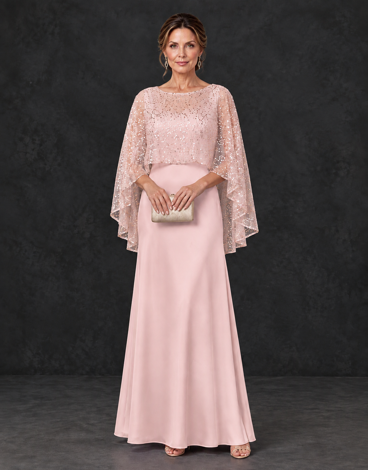 BOLODOO Blush Pink Sparkle Cape Sleeve Mother of the Bride Dress - Blush Pink - Blush_Pink_1