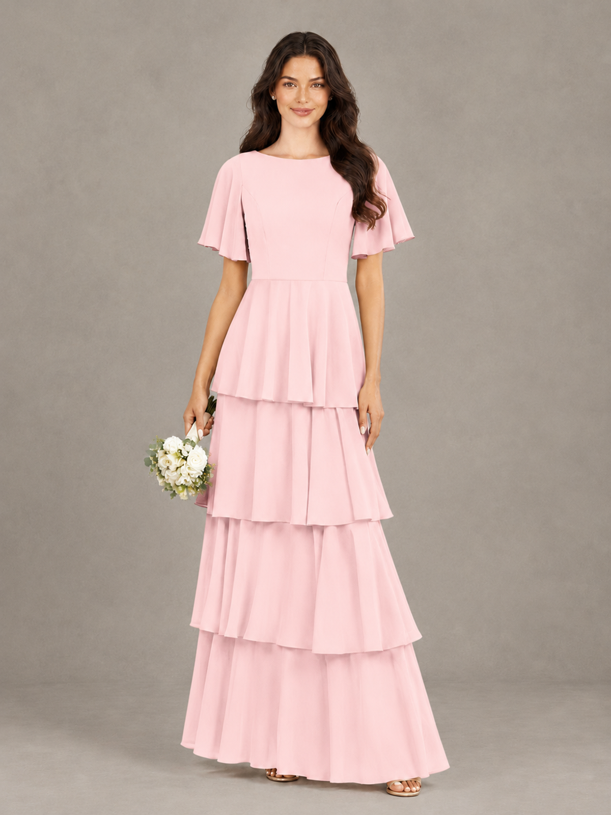 BOLODOO Blush Pink Tiered Flutter Sleeve Bridesmaid Dress - Blush Pink - Blush Pink_1