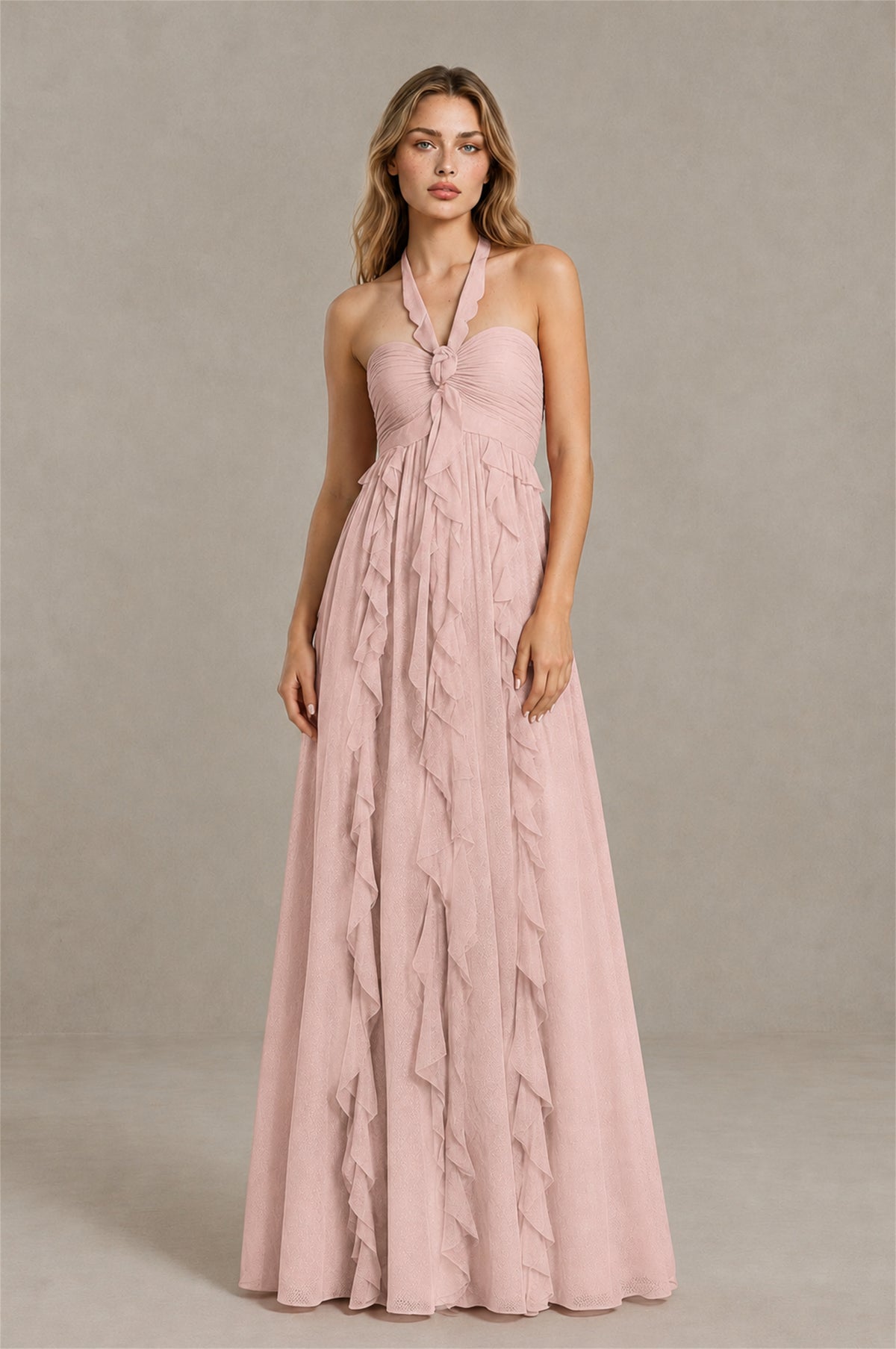 BOLODOO Blush Pink Halter Ruffle A-Line Floor-Length Evening Dress - Blush Pink - Blush_Pink_1