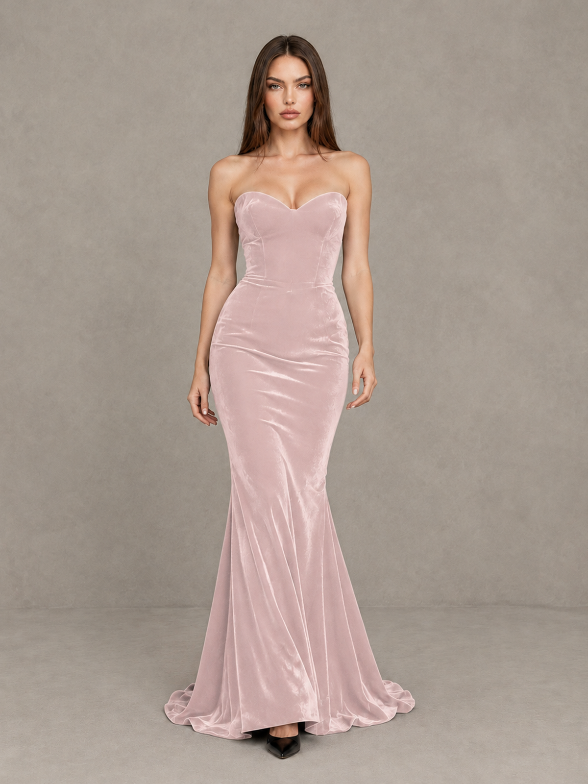 BOLODOO Blush Pink Strapless Sweetheart Velvet-Look Mermaid Evening Dress - Blush Pink - Blush Pink_1