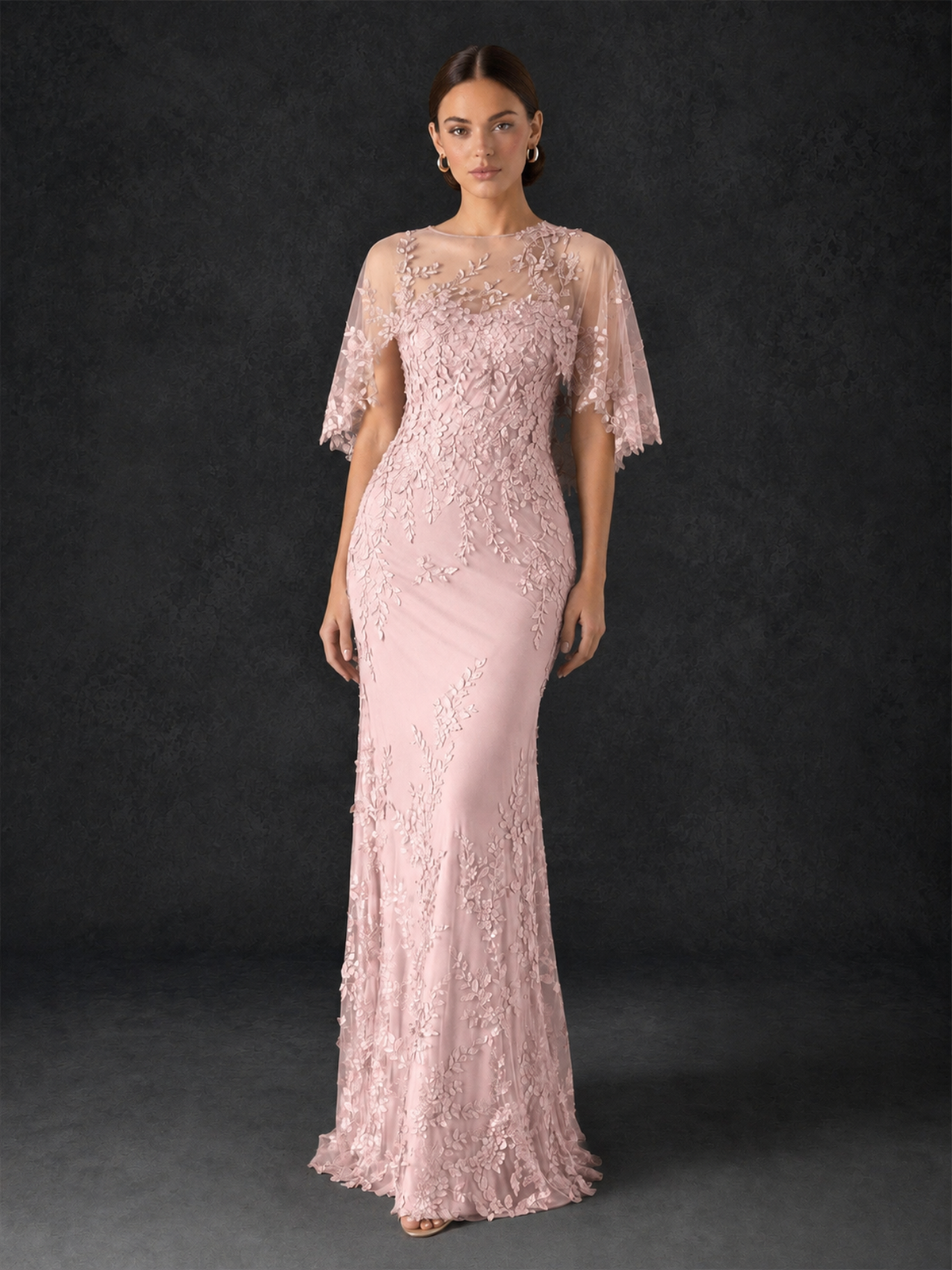 BOLODOO Mocha Blush Pink Botanical Lace Flutter Sleeve Mermaid Gown - Blush Pink