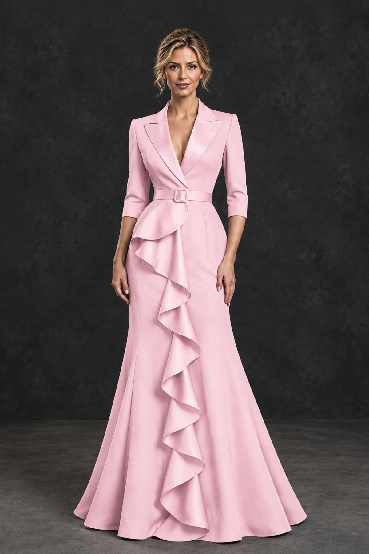 BOLODOO Blush Pink Lapel Ruffle Mother of the Bride Dress with Belt - Blush Pink - Blush Pink_1