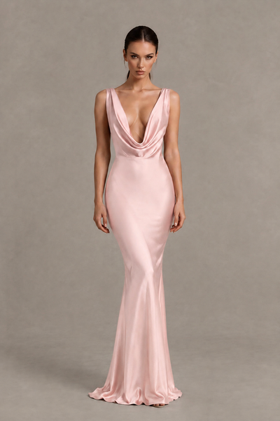 BOLODOO Blush Pink Cowl Neck Backless Satin Mermaid Evening Dress - Blush Pink - Blush Pink_1