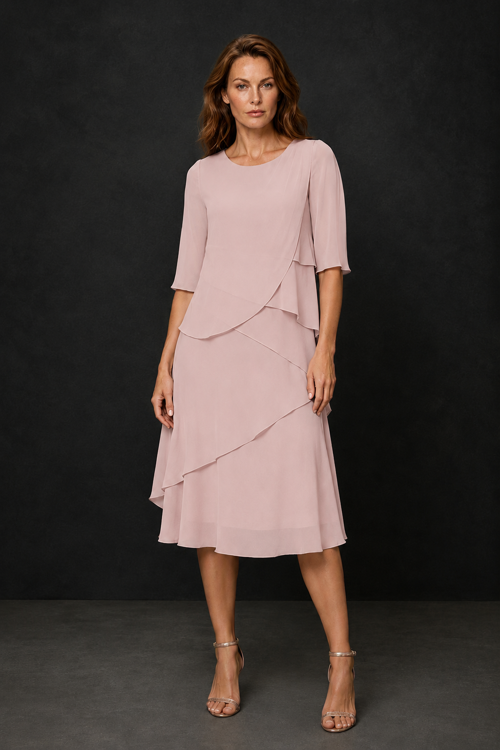 BOLODOO Blush Pink Chiffon 3/4 Sleeve Asymmetric Tiered Tea Length Dress | Mother of the Bride Midi Dress - Blush Pink