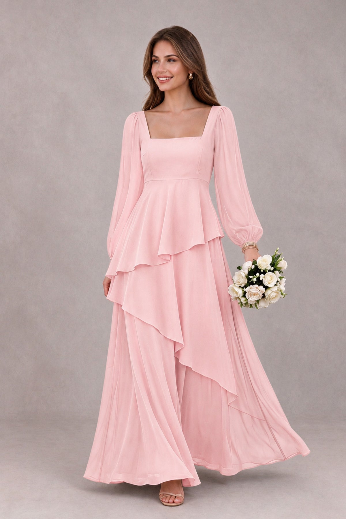 BOLODOO Blush Pink Long Sleeve Ruffle Bridesmaid Dresses - Blush Pink - Blush Pink_1