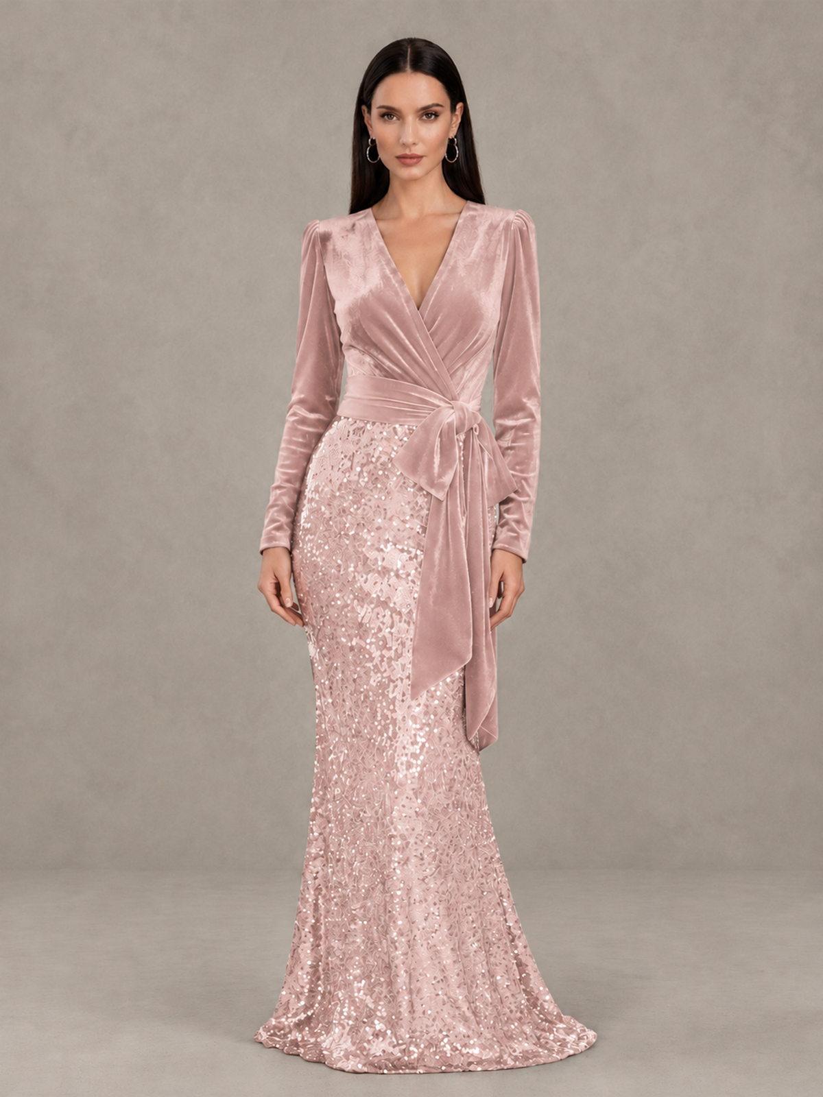 BOLODOO Blush Pink Velvet & Sequin Long Sleeve V-Neck Mermaid Evening Gown - Blush Pink - Blush Pink_1