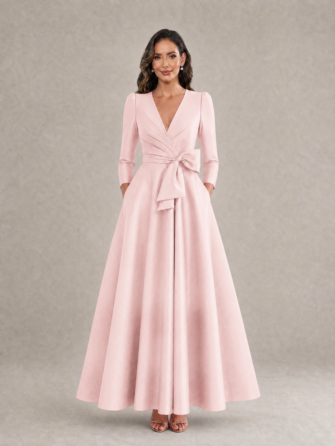 BOLODOO Blush Pink Satin Deep V-Neck Wrap 3/4 Puff Sleeve A-Line Ball Gown Maxi Dress with Oversized Bow Belt - Blush Pink
