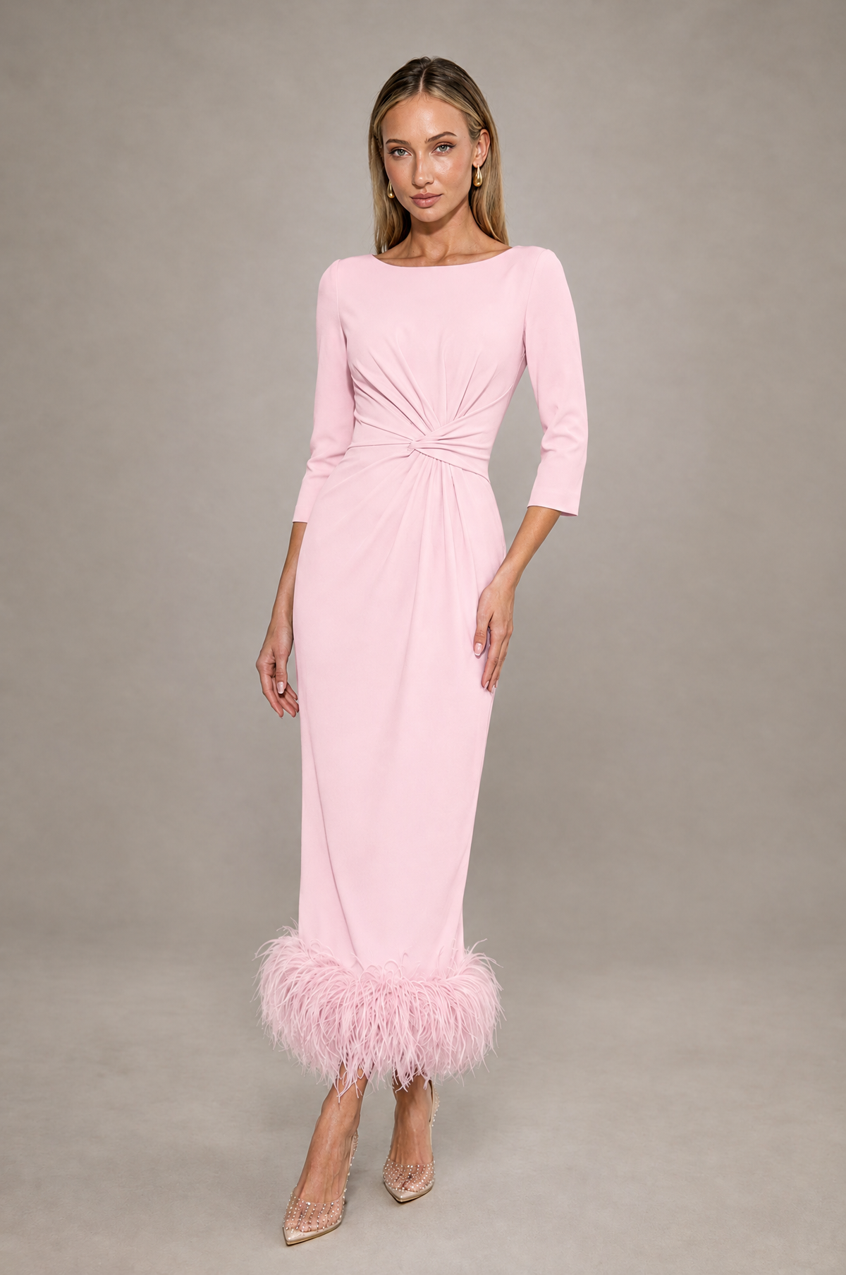 BOLODOO Blush Pink Feather-Trim Twist-Waist Midi Dress - Blush Pink - Blush_Pink_1