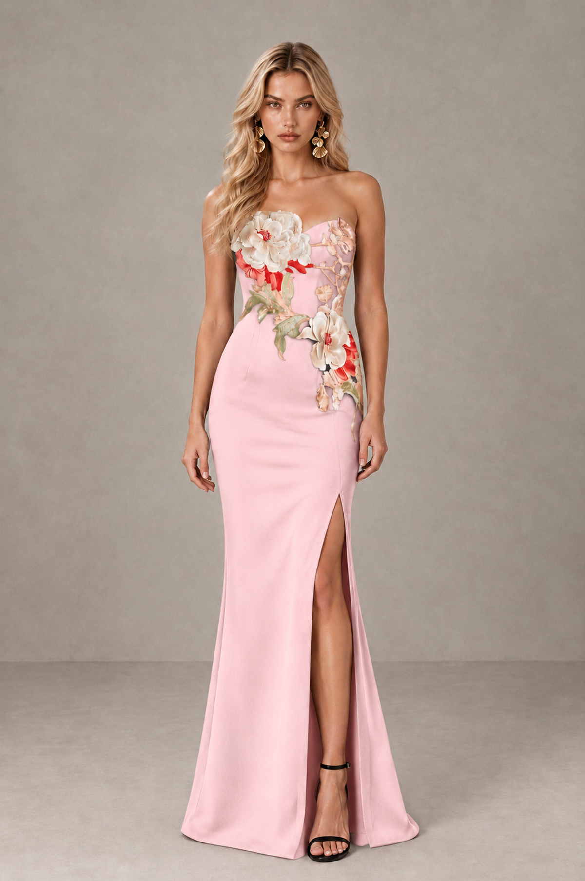 BOLODOO Blush Pink Strapless Floral Mermaid Evening Dress with Slit - Blush Pink - Blush_Pink_1