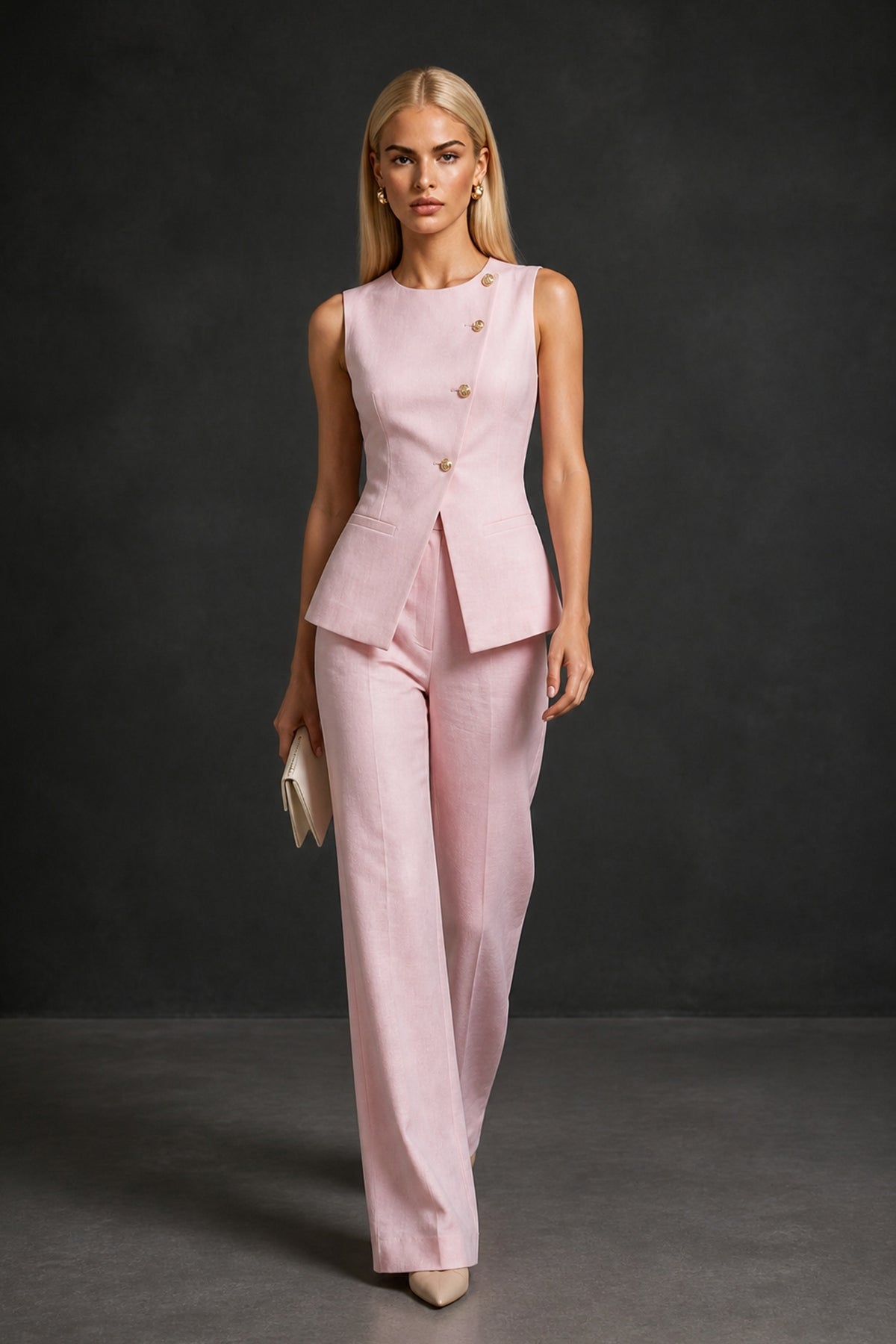 BOLODOO Blush Pink Sleeveless Vest Top & Wide-Leg Trousers Two-Piece Suit Set – Blush Pink Button Asymmetric Formal Set - Blush Pink