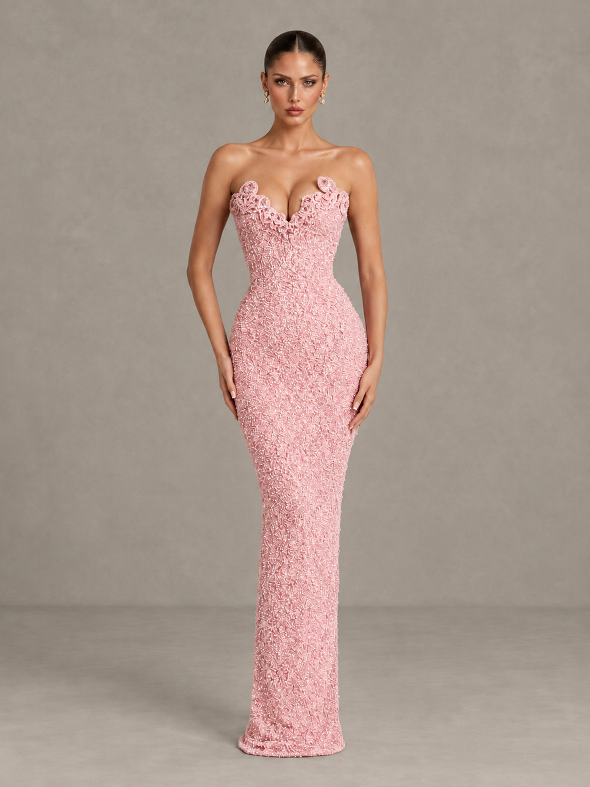 BOLODOO Blush Pink Strapless Sequin Evening Gown with Floral Neckline - Blush Pink - Blush Pink_1