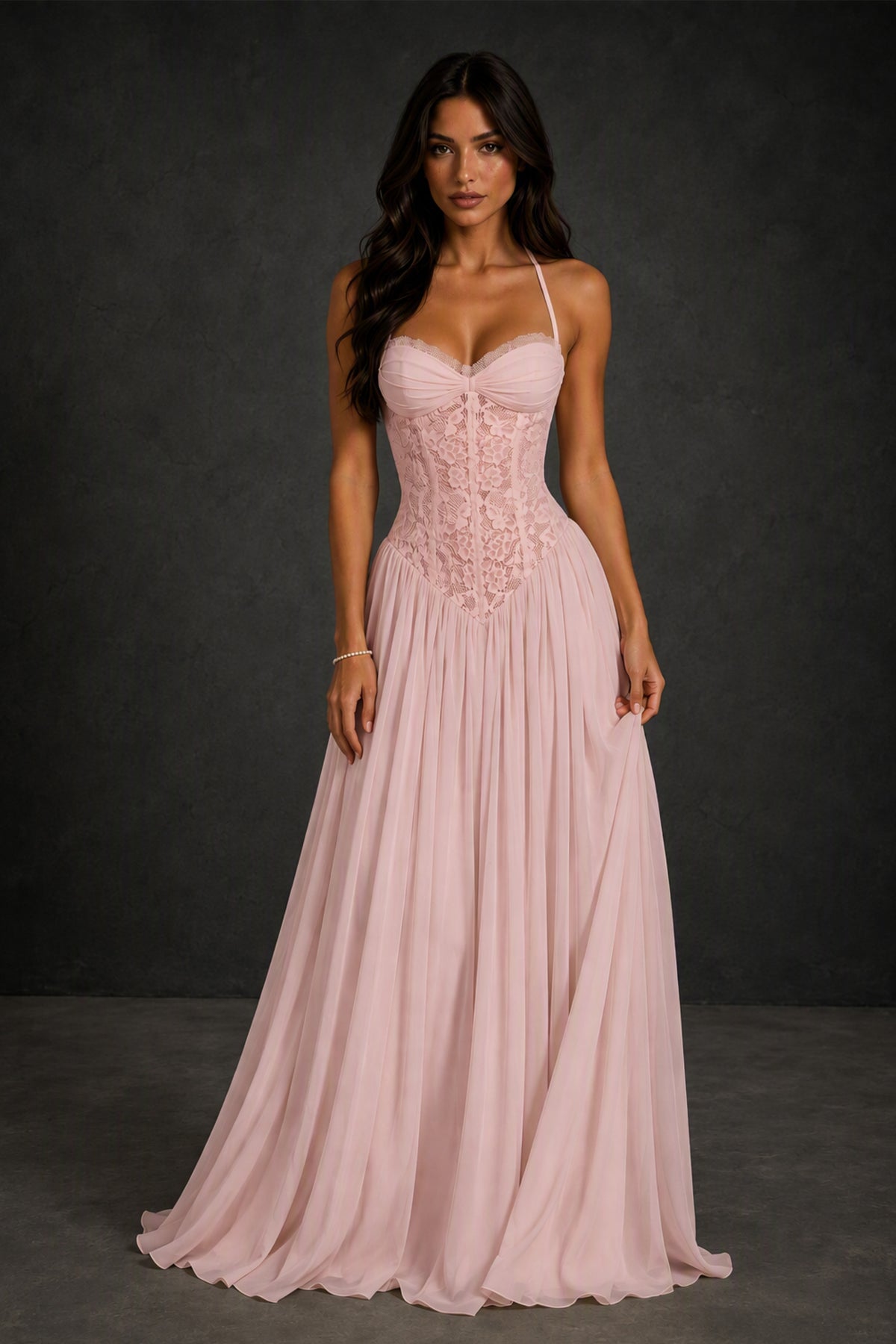 BOLODOO Blush Pink Lace Corset Halter Maxi Gown – Backless A-Line Formal Dress - Blush Pink
