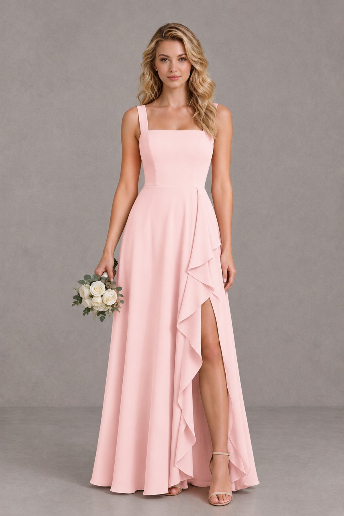 BOLODOO Blush Pink Square Neck Ruffle A-Line Bridesmaid Dress with Slit - Blush Pink - Blush Pink_1