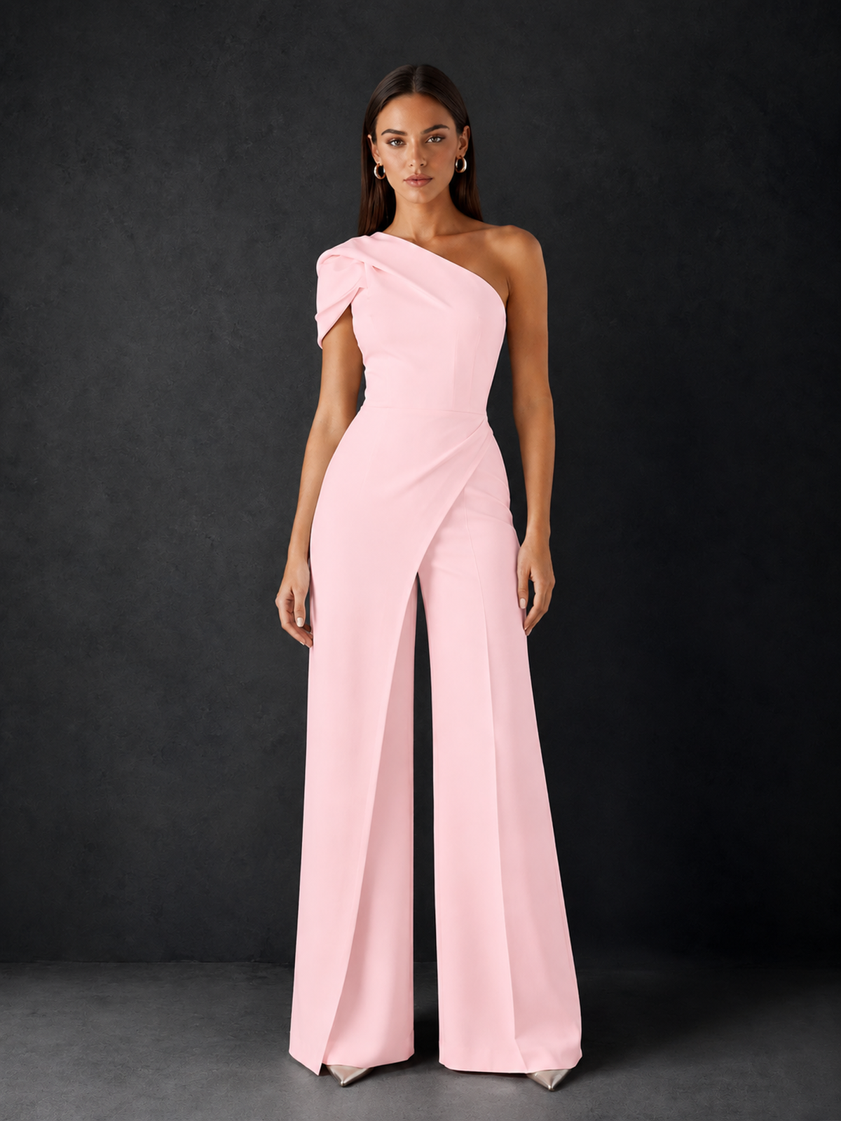 BOLODOO Blush Pink One-Shoulder Puff Sleeve Wide-Leg Jumpsuit with Front Slit and Open Back - Blush Pink