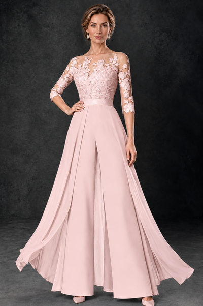 BOLODOO Blush Pink Lace Wide-Leg Jumpsuit with Three-Quarter Sleeves - Blush Pink - Blush_Pink_1