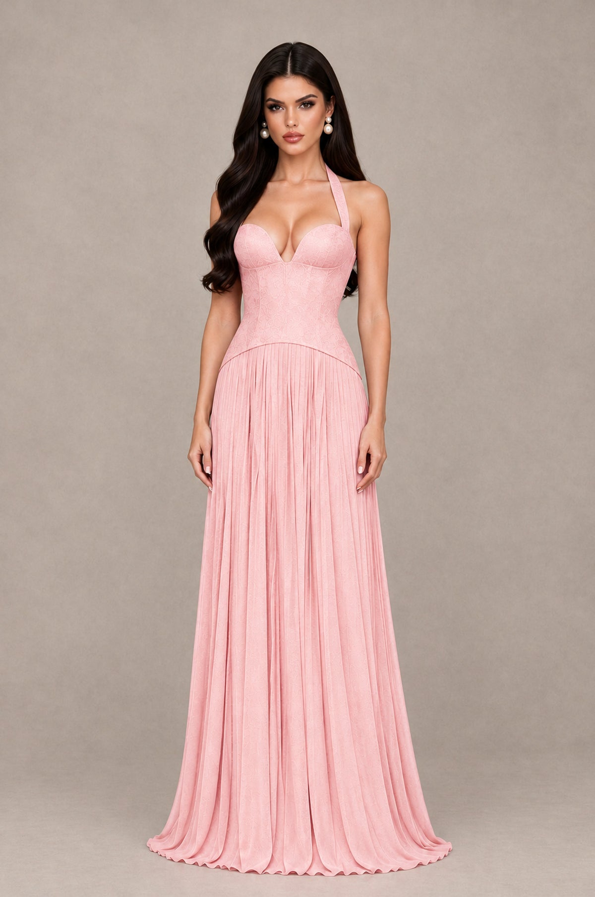 BOLODOO Blush Pink Halter Corset Pleated A-Line Evening Dress - Blush Pink - Blush Pink_1