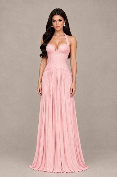 BOLODOO Blush Pink Halter Corset Pleated A-Line Evening Dress - Blush Pink - Blush Pink_1