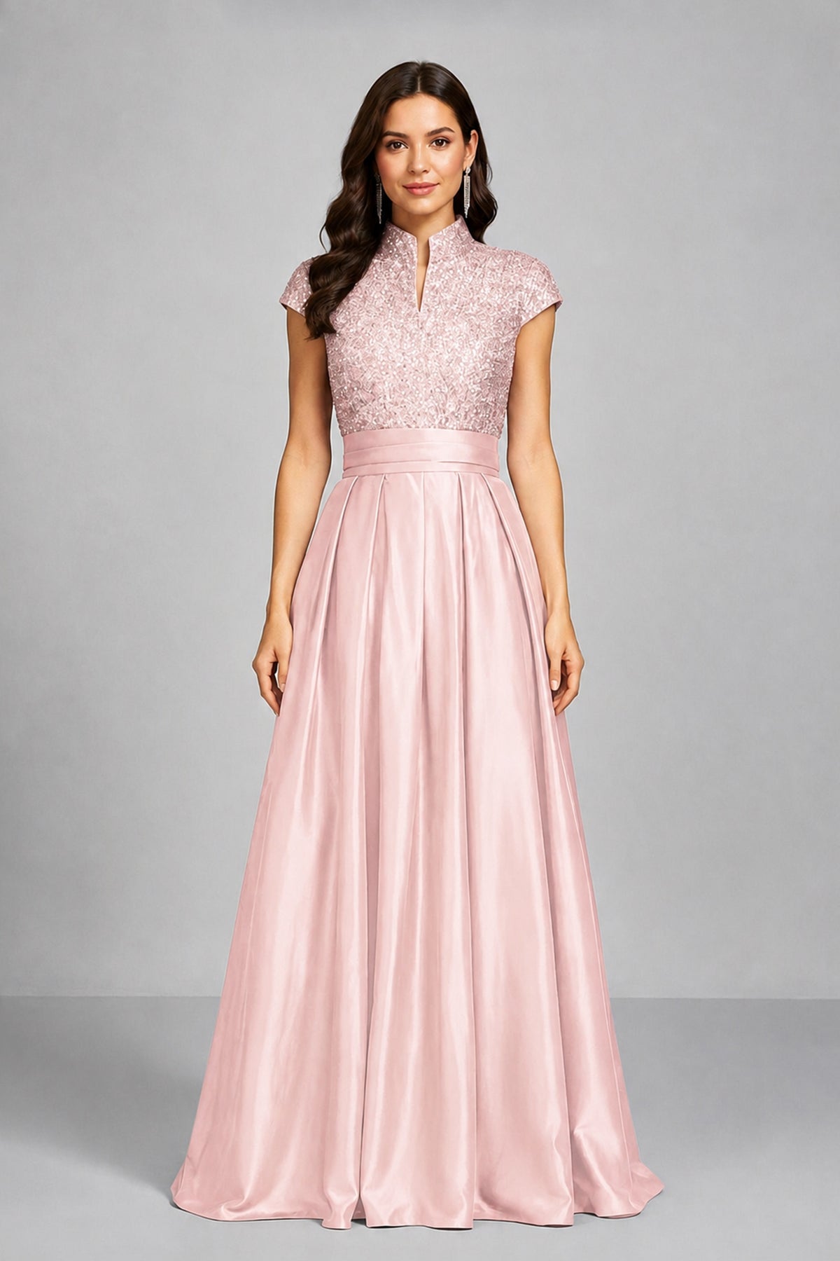 BOLODOO Blush Pink Sequin Embroidered High Neck Cap Sleeve A-Line Ball Gown – Formal Evening Dress - Blush Pink