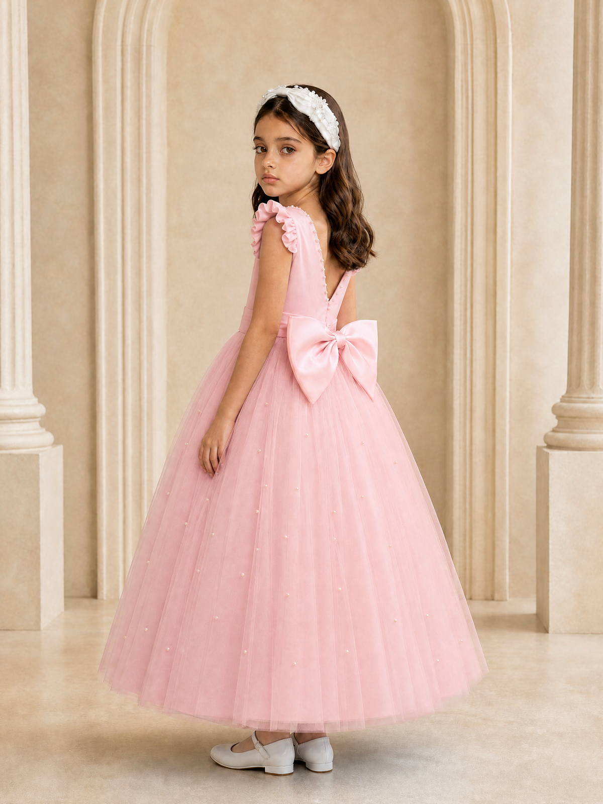 BOLODOO Blush Pink Tulle Flower Girl Dress with Ruffle Sleeves & Bow Back - Blush Pink - Blush_Pink_1