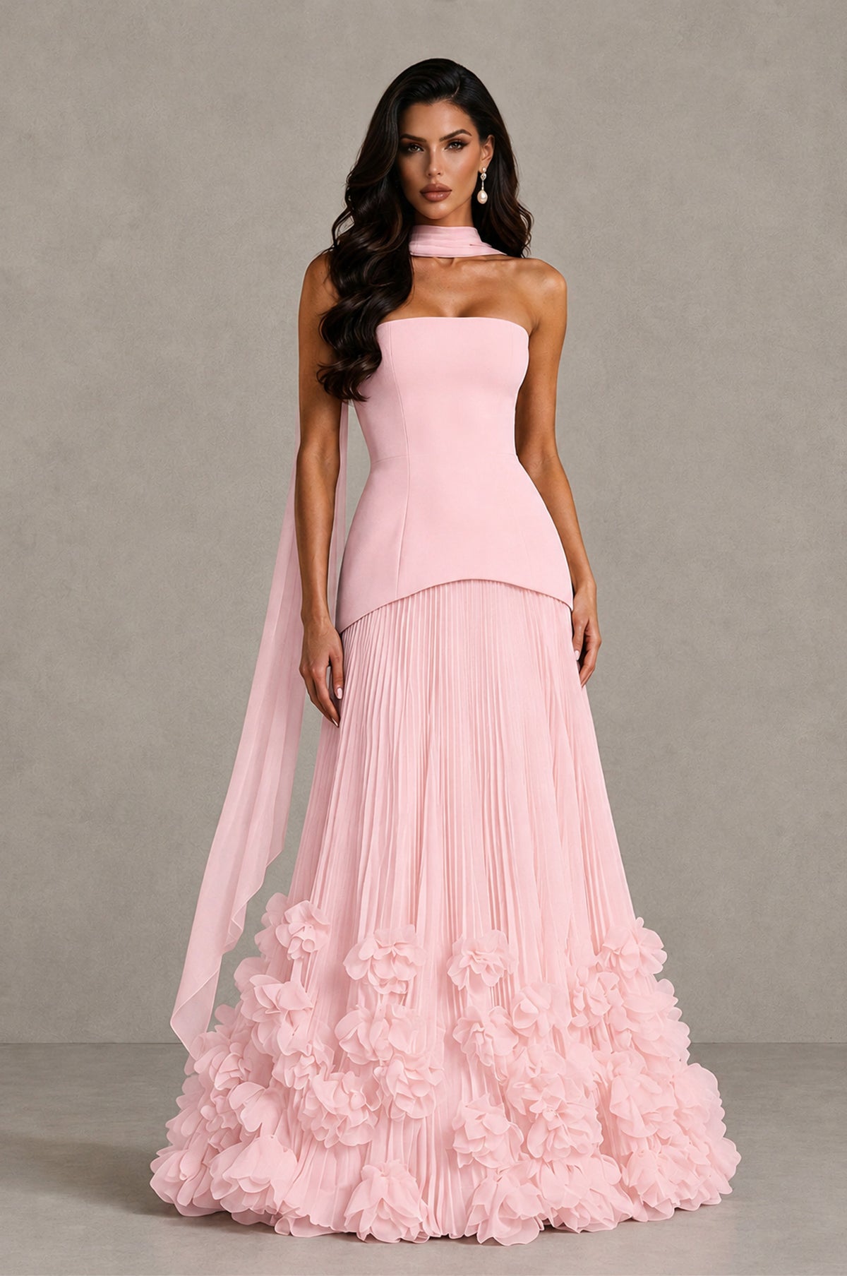 BOLODOO Blush Pink Strapless Pleated Floral Hem Evening Gown - Blush Pink - Blush Pink_1