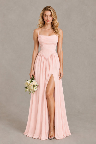 BOLODOO Blush Pink Spaghetti Strap A-Line Bridesmaid Dress with Slit - Blush Pink - Blush Pink_1