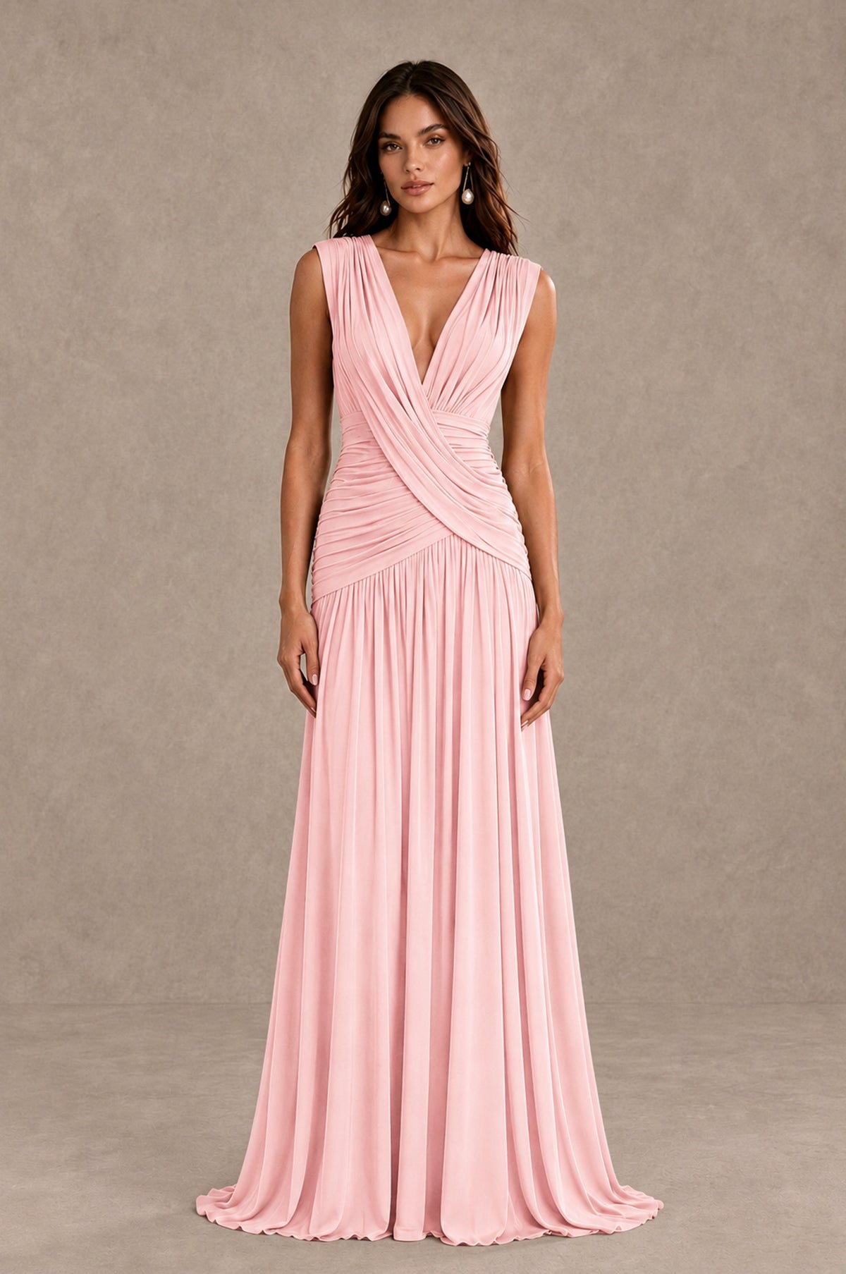 BOLODOO Blush Pink V-Neck Ruched Wedding Guest Dress - Blush Pink - Blush Pink_1
