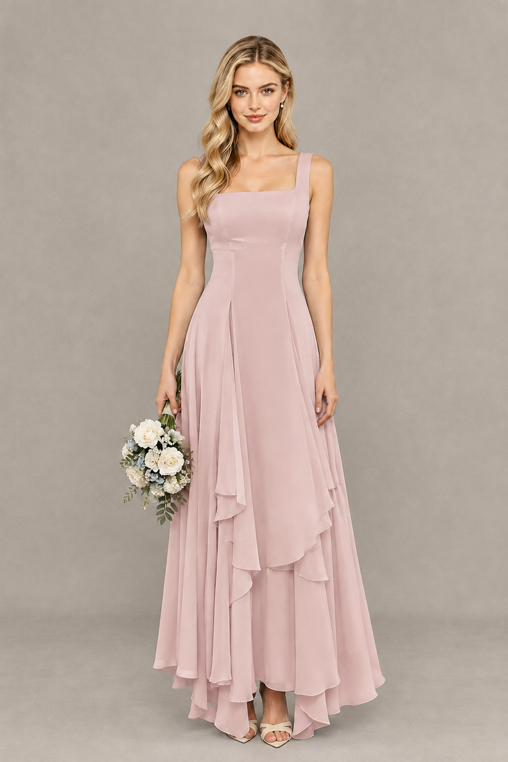 BOLODOO Blush Pink Square Neck Chiffon Bridesmaid Dress with Lace-Up Back - Blush Pink