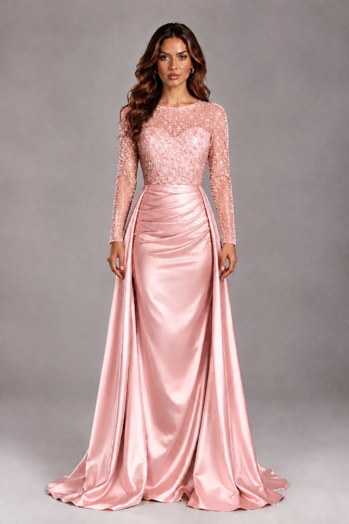 BOLODOO Blush Pink Long Sleeve Embellished Satin Evening Gown with Sweep Train - Blush Pink - Blush Pink_1