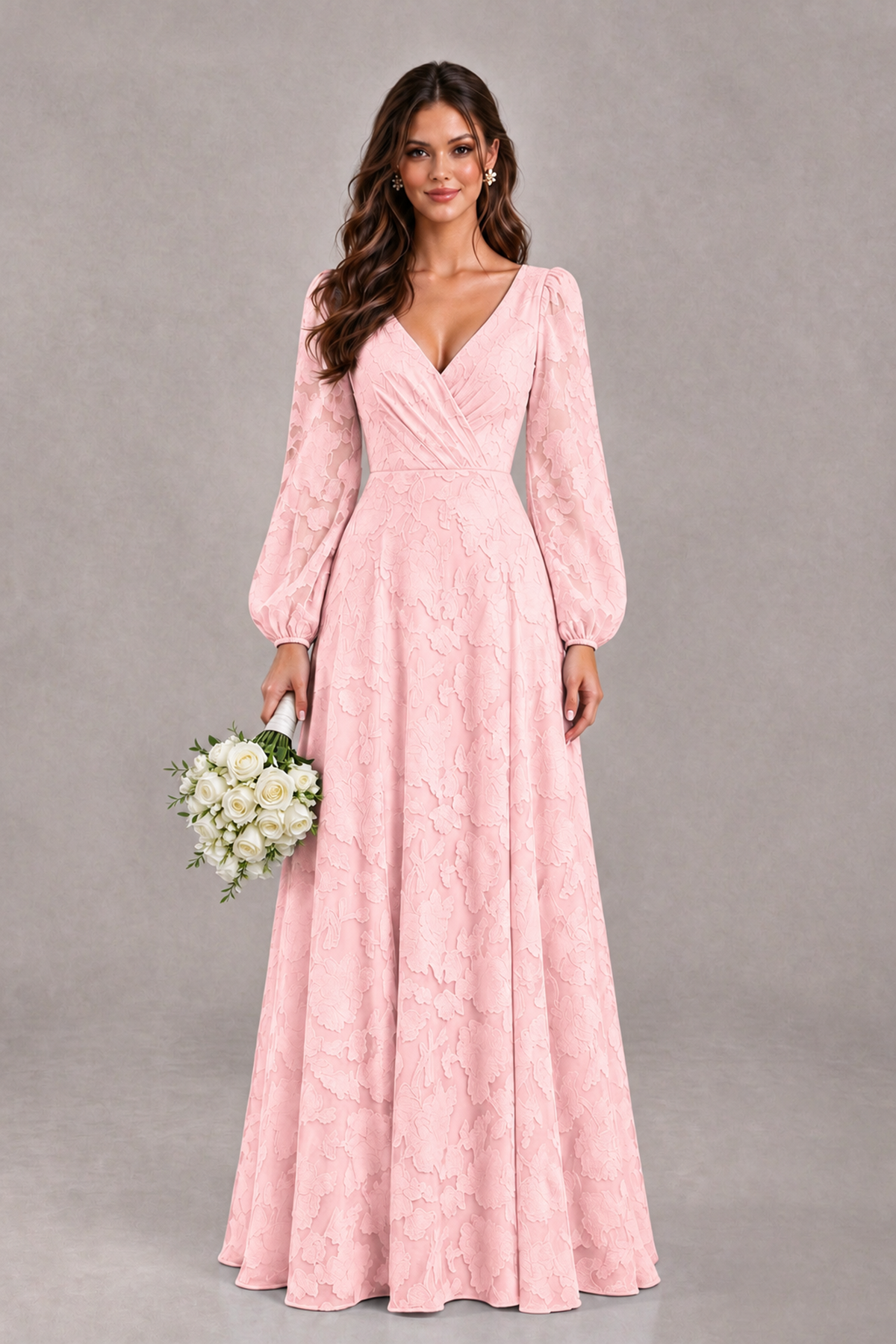 BOLODOO Blush Pink Long Sleeve V-Neck A-Line Mother of the Bride Dress - Blush Pink - Blush Pink_1