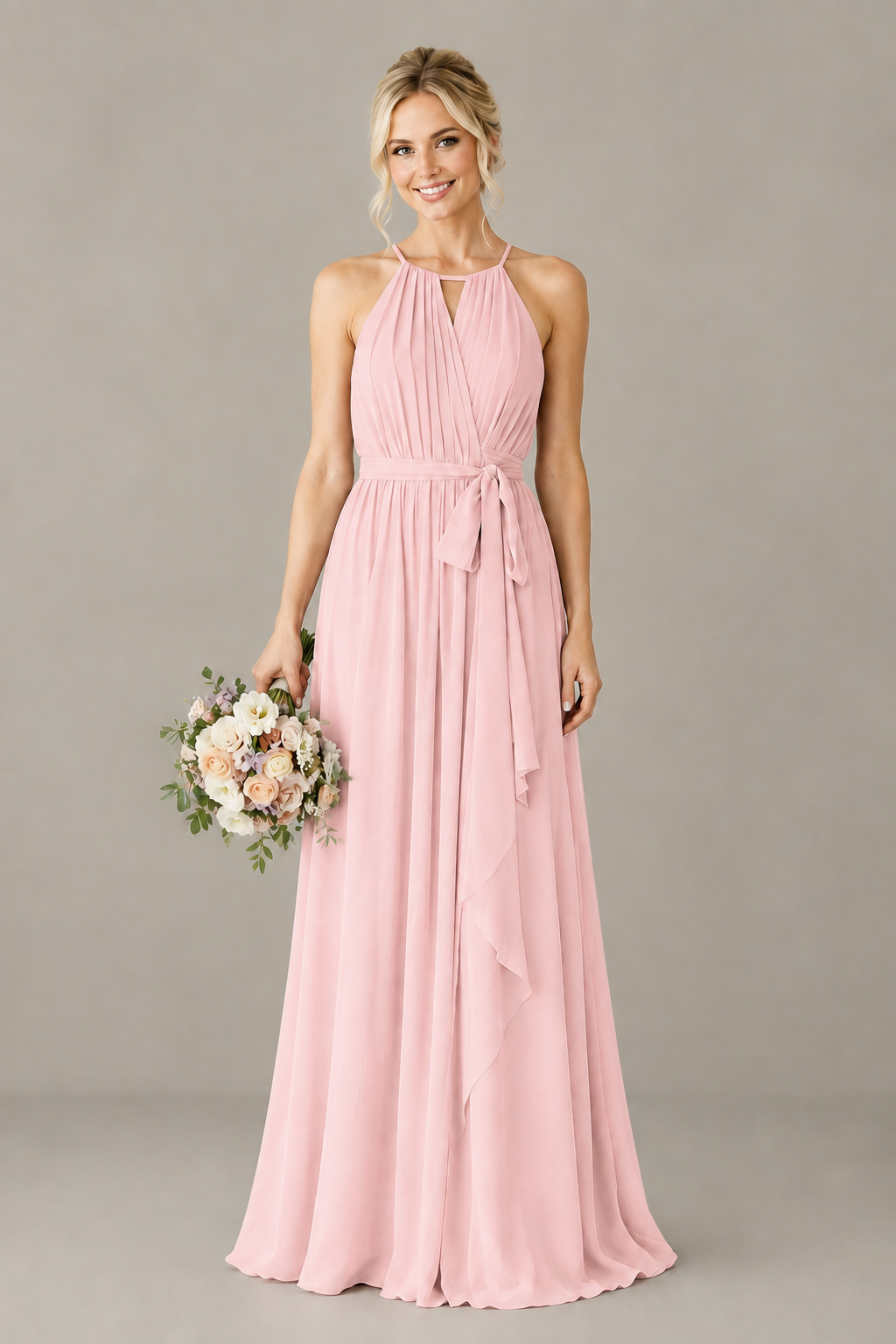 BOLODOO Blush Pink Halter Chiffon Bridesmaid Dress with High Slit - Blush Pink