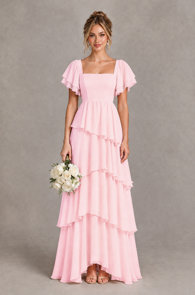 BOLODOO Blush Pink Square Neck Flutter Sleeve Tiered Chiffon Bridesmaid Dress with Lace-Up Back - Blush Pink - Blush Pink_1