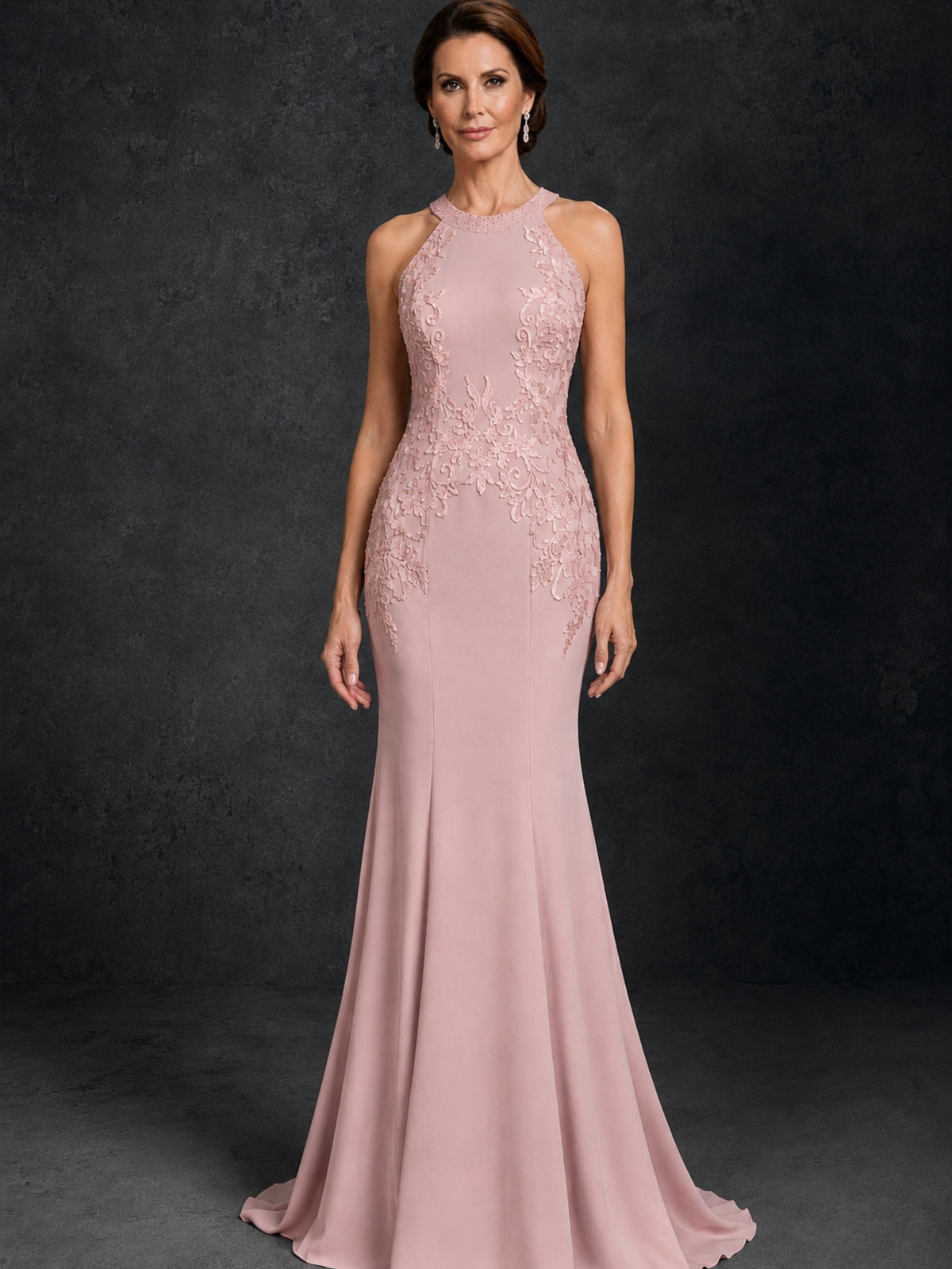 BOLODOO Blush Pink Lace Applique Halter Neck Sheer Back Mermaid Maxi Dress with Sweep Train - Blush Pink